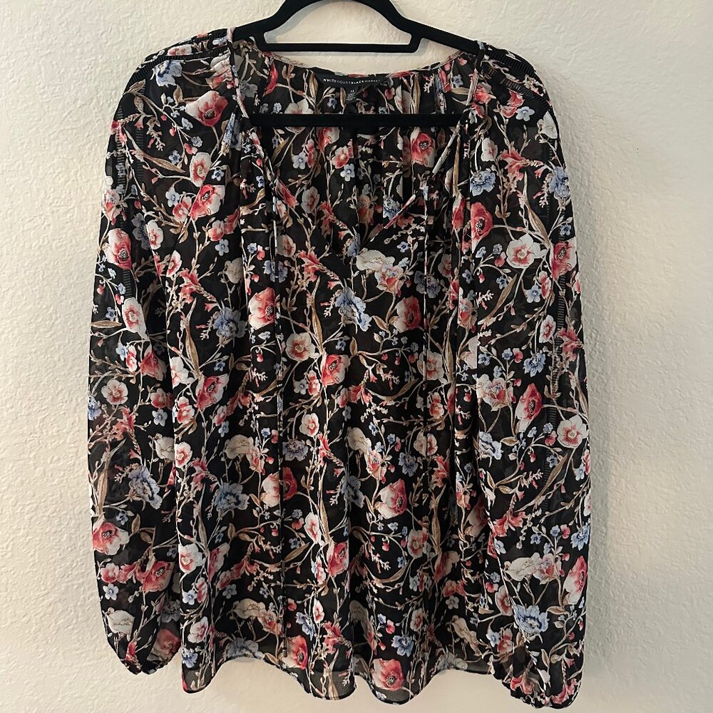 White House Black Market Black Floral Long Sleeve Peasant Blouse
